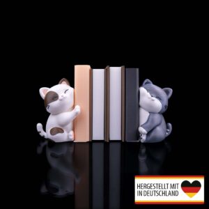 Frontansicht der Buchstütze Katzen mit zwei farbigen Katzenfiguren. Zwischen den Katzen sind Bücher gestellt.