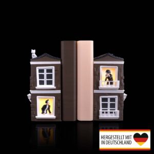 Buchstütze Sehnsucht mit beleuchteten Häuserfenstern im 3D-Druck