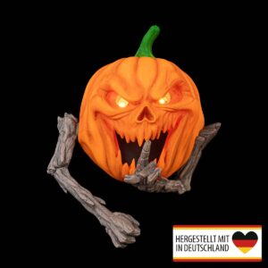 Halloween Kürbis Türklopfer aus PLA mit leuchtenden LED-Augen und knochigen Armen in hochwertiger 3D-Druck-Optik.