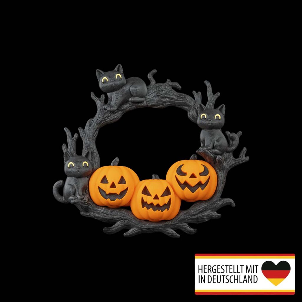 Halloween Türkranz mit Kürbissen & Katzen – 3D-Druck aus Deutschland