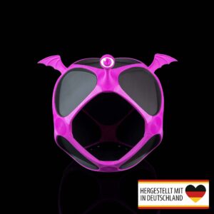 Frontansicht der pinken Monster-Höhle für Katzen und kleine Hunde mit Flügeln und Monsterhorn.