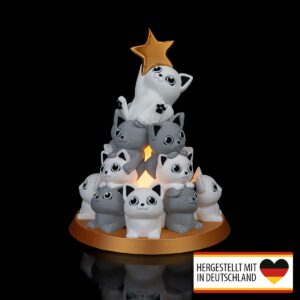 Niedlicher Katzen-Tannenbaum Teelichthalter mit LED-Licht und goldenem Stern