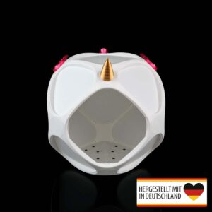 Fronteinsicht der Einhorn Katzen- und Hundehöhle mit goldenem Horn und pinken Flügeln.