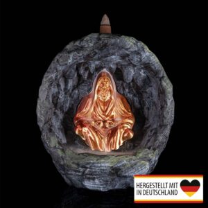 3D-gedruckter Levitation Mönch Räucherhalter in goldener Höhle mit sichtbarem Rauchfluss vom Räucherkegel auf dem Dach
