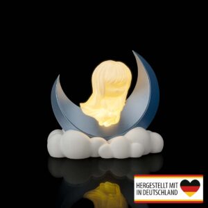 Frontansicht der 3D-Druck Kinderzimmerlampe „Mädchen auf dem Mond“ mit warmem Lichtschein.