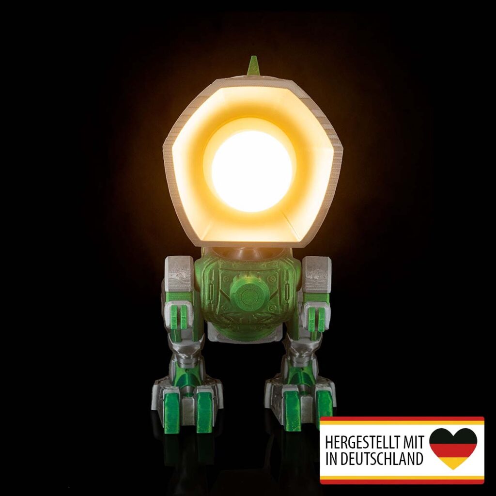 Frontansicht der Kinderzimmerlampe T-Rex mit mechanischem Design und warmem Lichtv