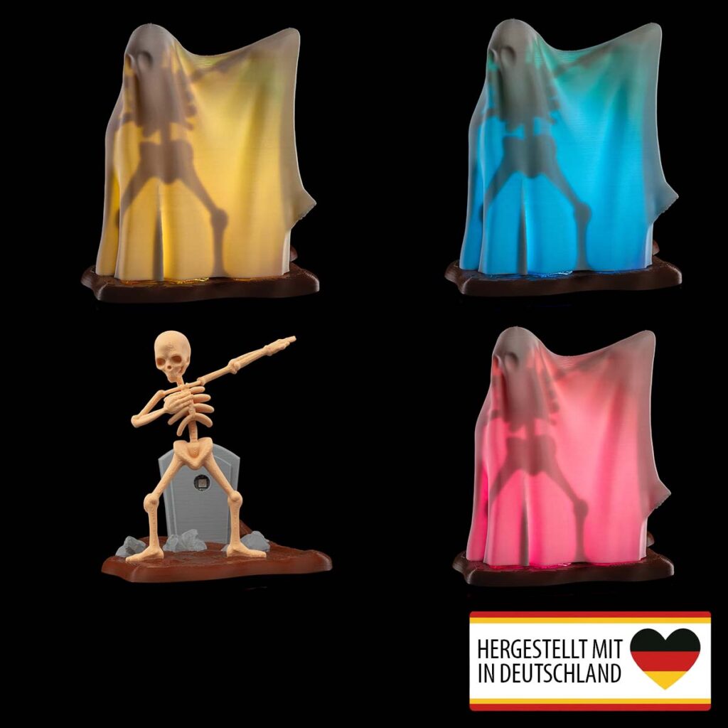 Geister Skelett Tischlampe mit RGB-Beleuchtung und transparenter Geisterhülle.