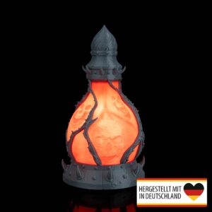 Tischlampe Trank des Todes, Vorderansicht, beleuchtet, Totenschädel und Dornen