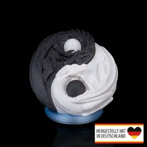 Frontansicht der Tischlampe Ying Yang Drache mit Schwarz-Weiß-Drachenform.
