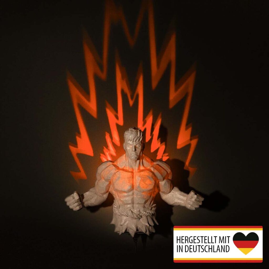 Frontansicht der Krieger-Wandlampe mit starkem LED-Energieeffekt