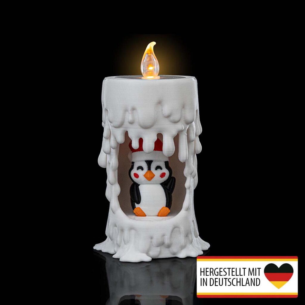 Weihnachten LED Teelicht „Pinguin in Kerze“ – 3D-Druck Made in Germany | Tischlampe