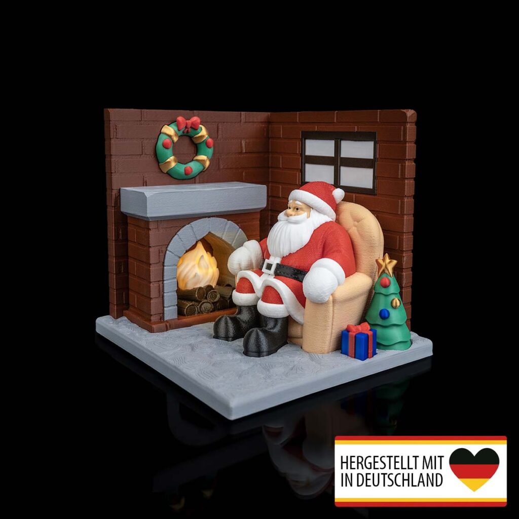 Weihnachten LED Teelicht „Weihnachtsmann am Kaminfeuer“ – 3D-Druck Made in Germany | Tischlampe
